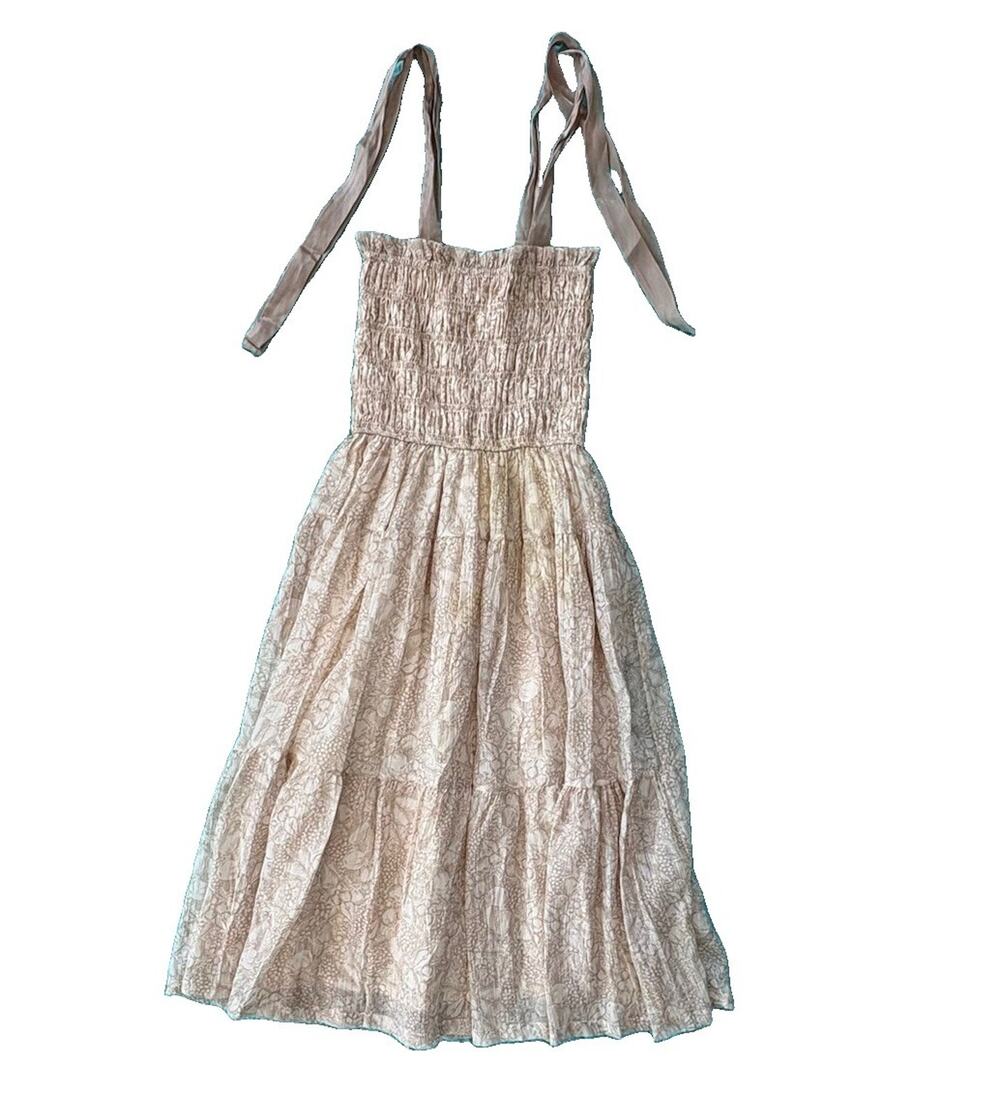 E Saison Prairie Maxi Cottage Dress Cream Tan Printed Summer Women’s Size Small